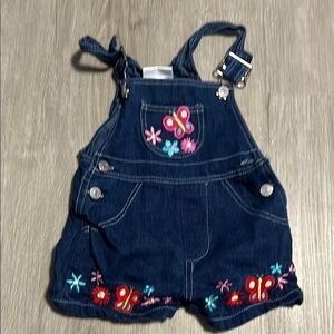 Blue and Pink Short Overalls with Floral Embroidery